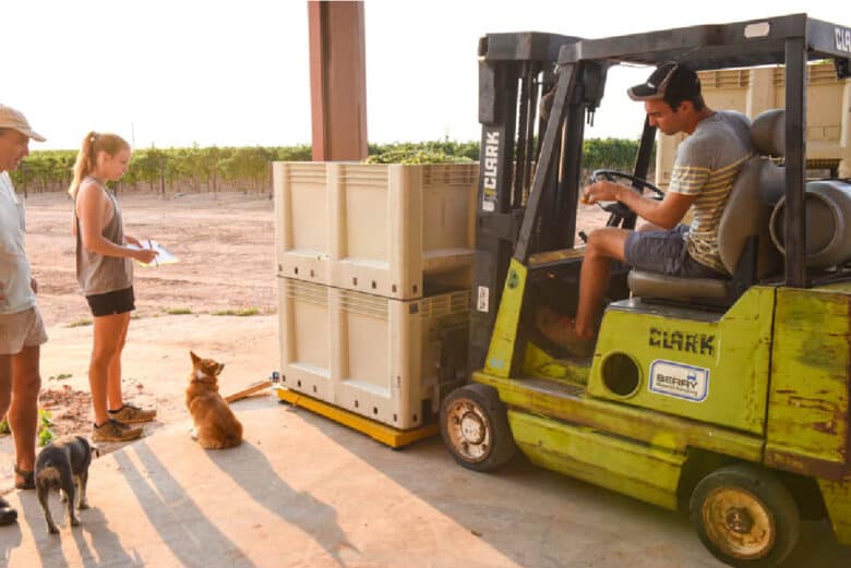 Weighing the bins and writing the weight down.