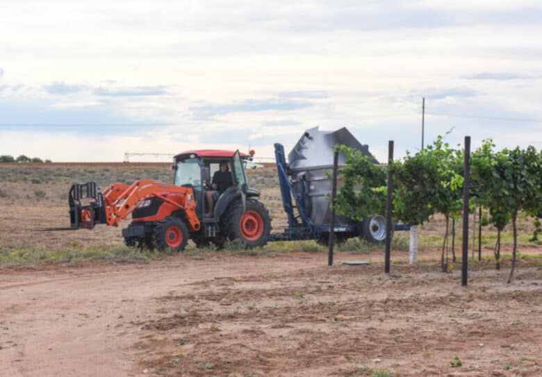 Albarino Harvest 2020 - The tractor waiting for the harvester.