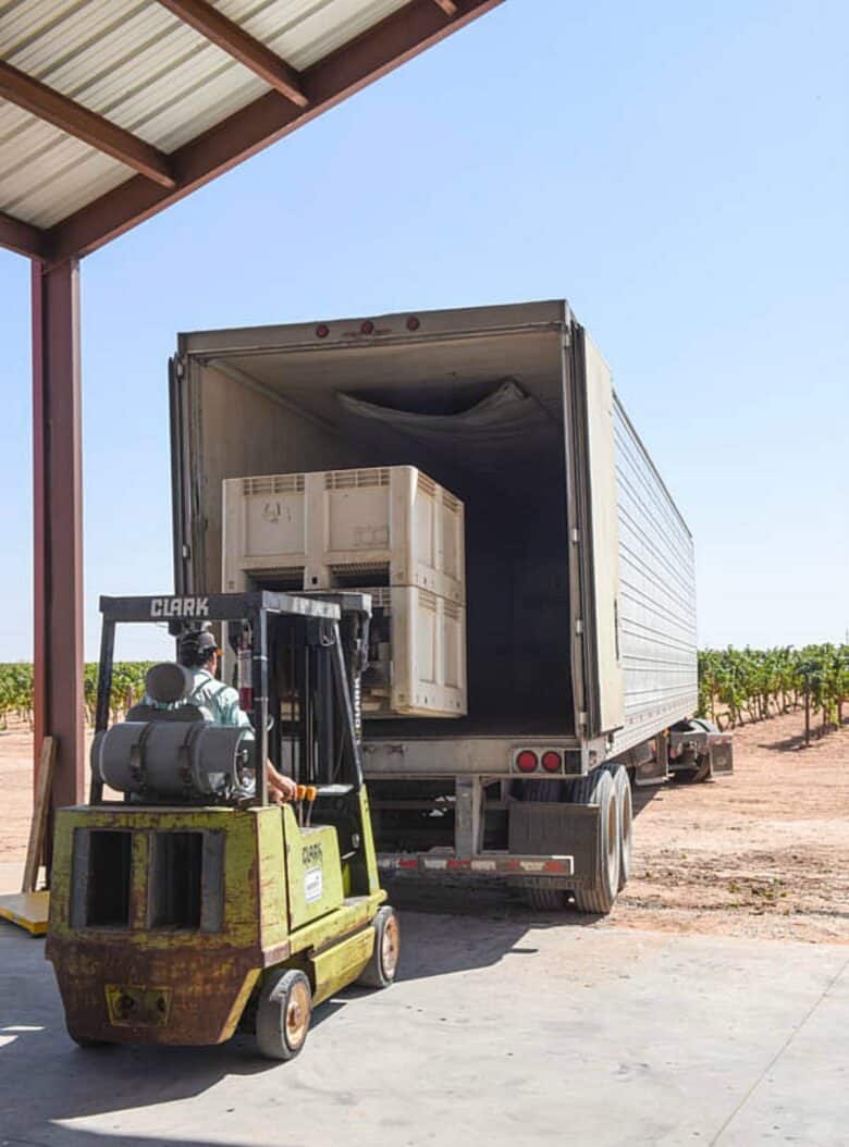 Loading semi with double stacked bins