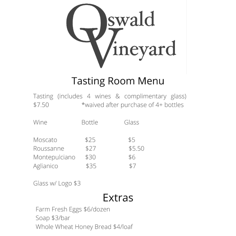 Oswald Vineyard Tasting Room Menu give the wines offered for purchase.