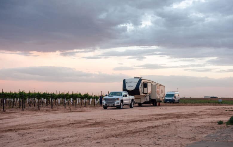 RV parked beside Oswald Vineyard enjoying the vineyard and the sunset.