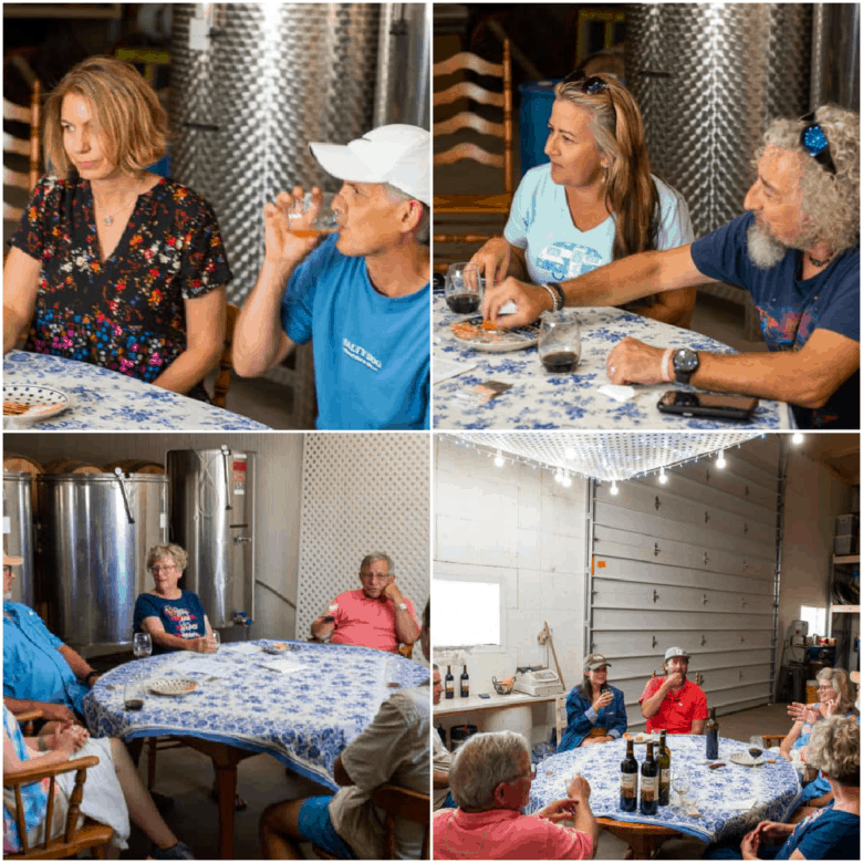 Collage of 4 images showing Wine Tasting at Oswald Vineyard