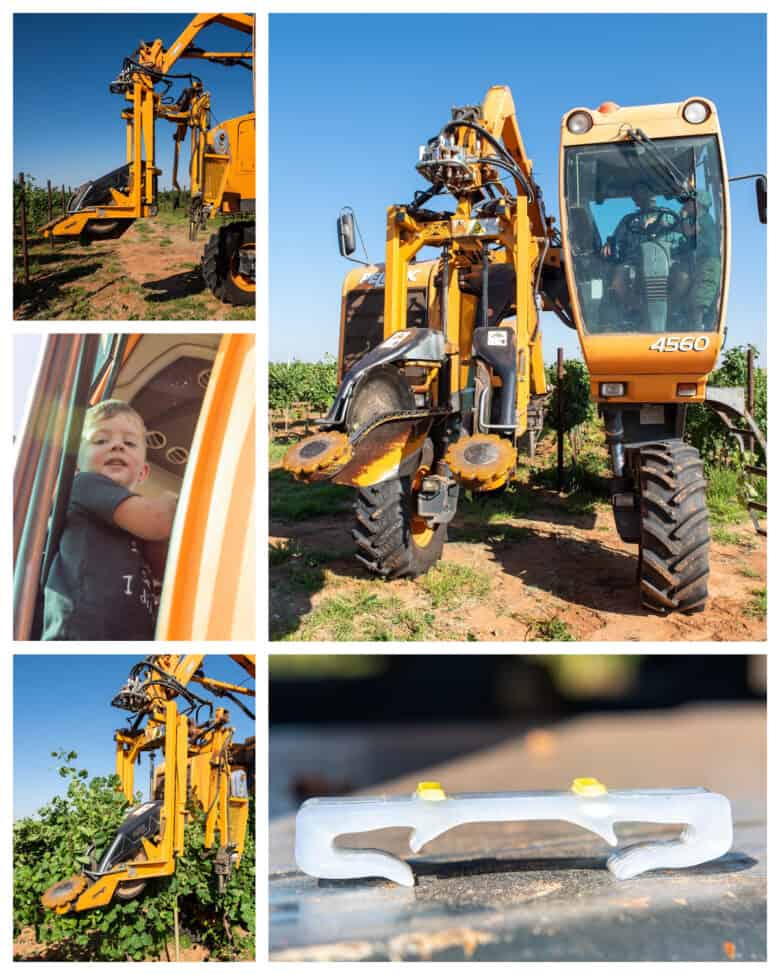 Wire Raising - Collage of pictures of the vineyard workers and the machine.