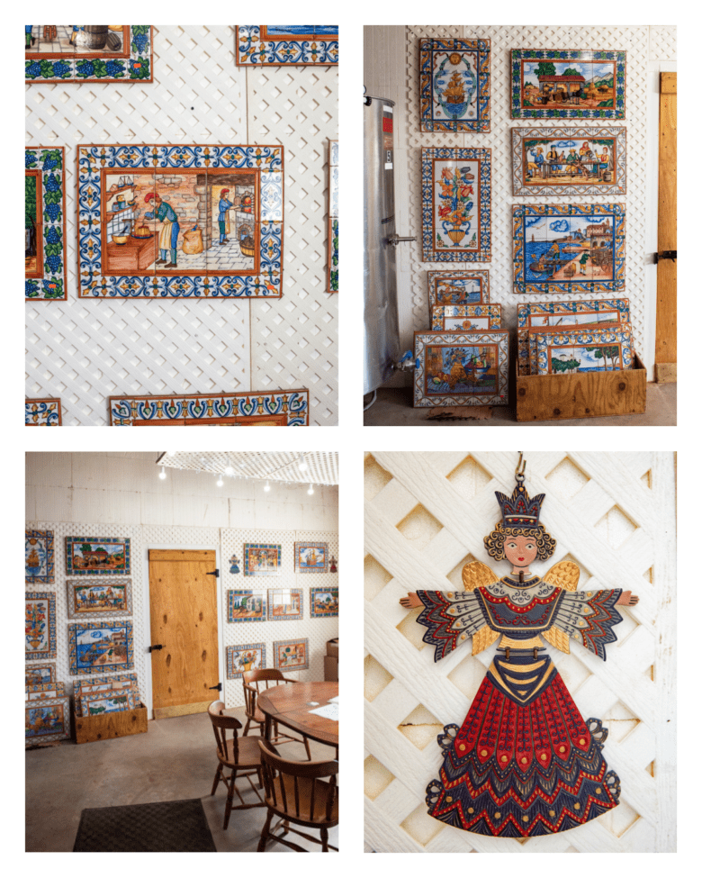 Collage of pictures of murals and pewter hanging in the tasting room.