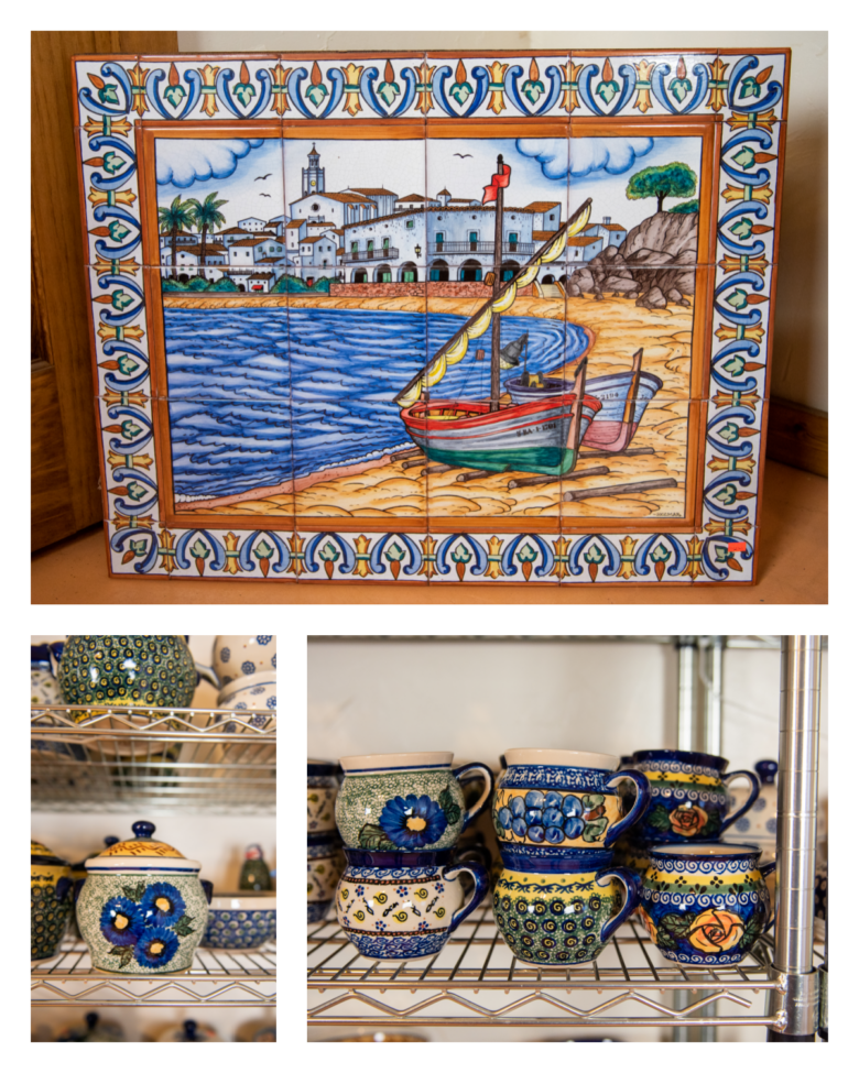 Collage of pictures of Polish pottery and Spanish mural at the house.