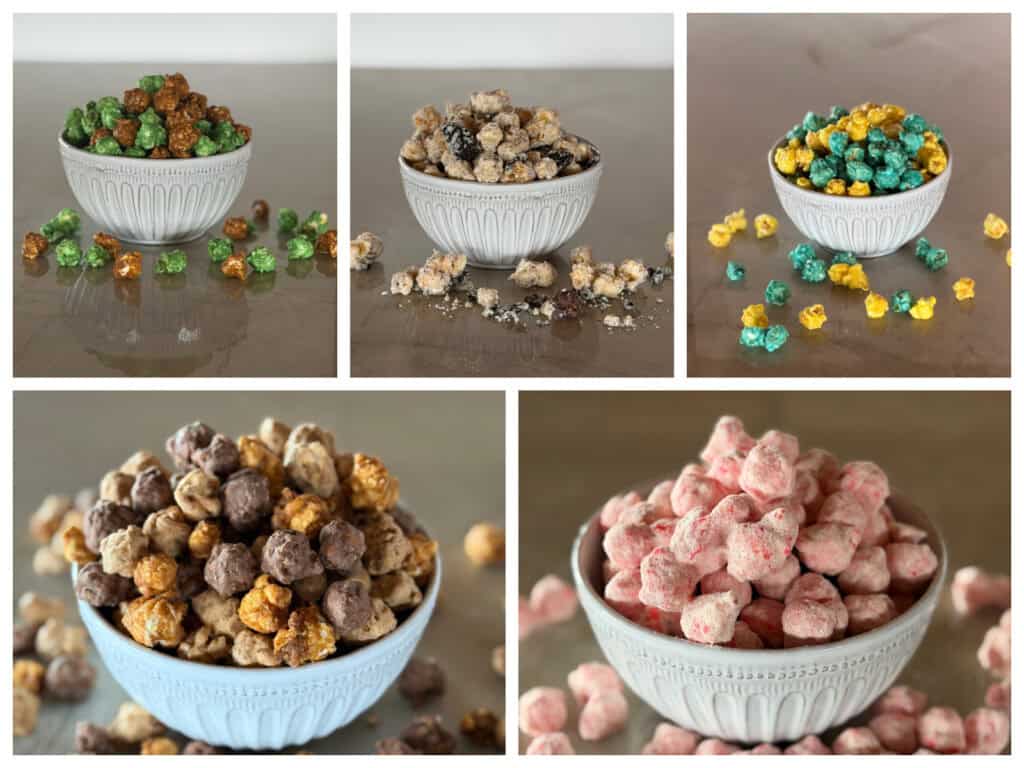 Gourmet Popcorn from The Market at Oswald Vineyard shown in a collage with flarvors - caramel apple, cookies 'n cream, blue raspberry lemonade, triple temptation and strawberry cream.