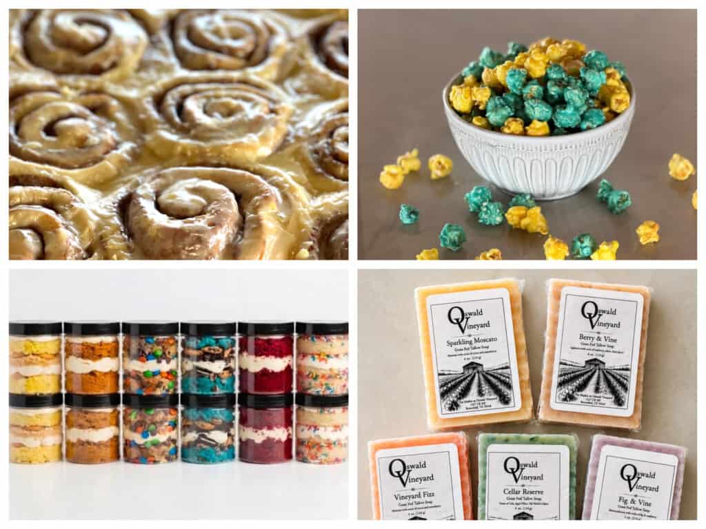 A collage showing The Market at Oswald Vineyard products - cinnamon rolls, gourmet popcorn, cake jars, wine-inspired grass fed tallow soaps.