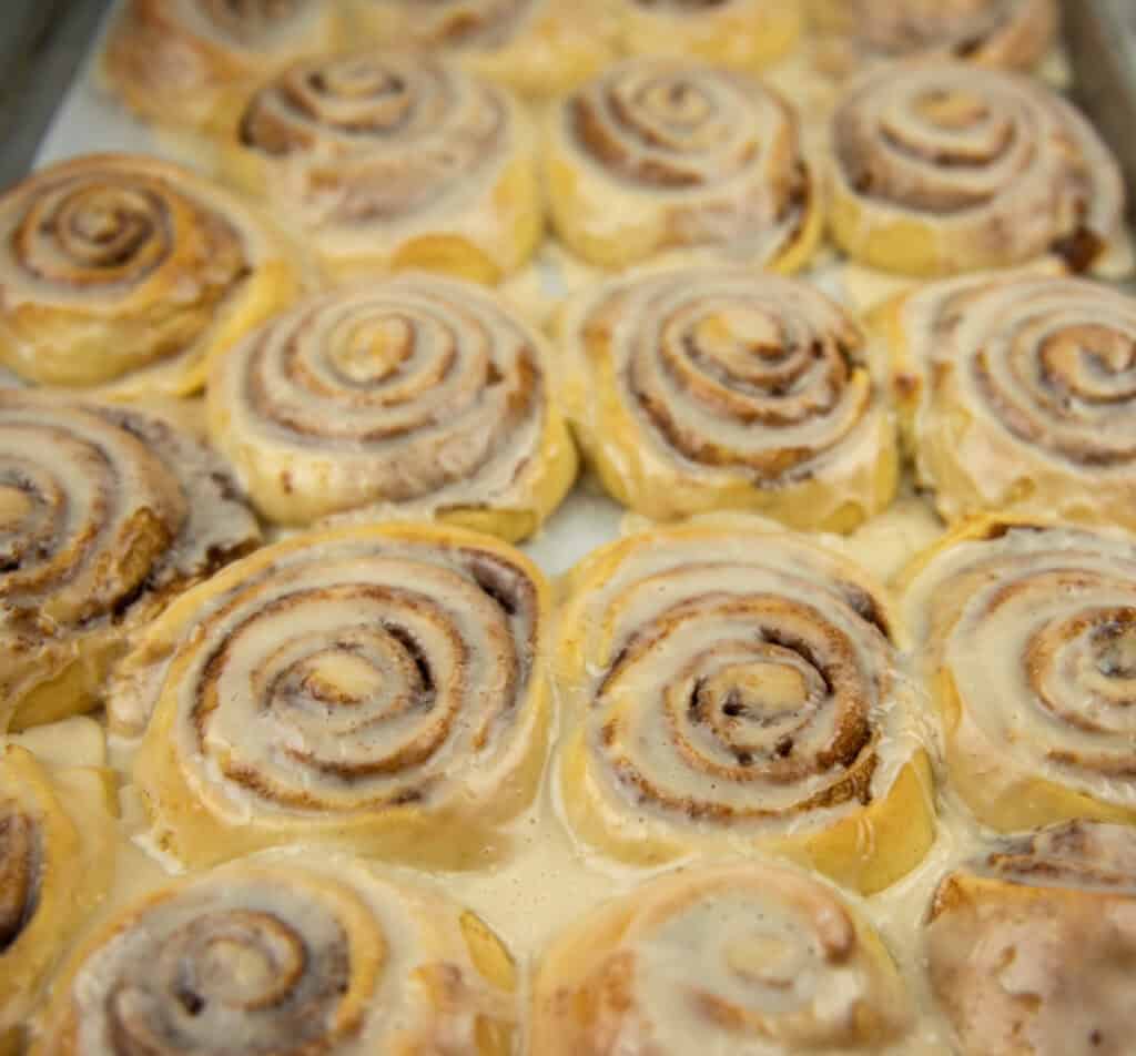 Cinnamon Rolls from The Market at Oswald Vineyard shown freshly iced on a large cookie sheet.