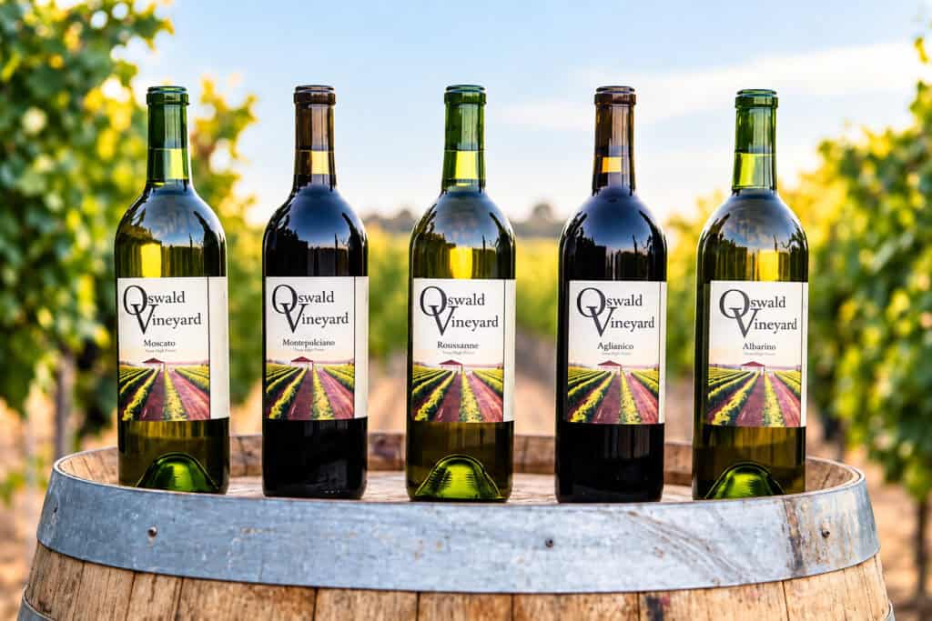 Oswald Vineyard Wine shown on a barrel in the vineyard.